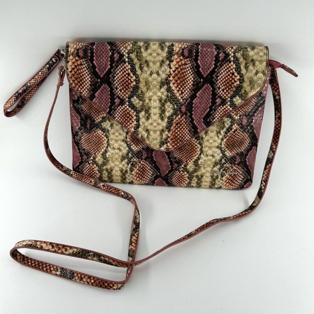 Betty Barclay Faux Snake Skin Crossbody Bag with Wristlet Handle Pink Tan Green